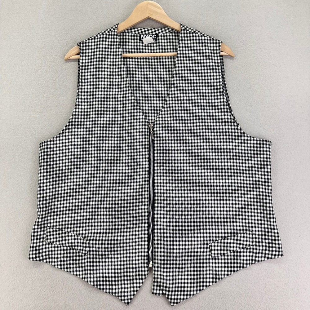 VTG NYCC Vest Shirt Womens 1X Black White Gingham Front Zip 90s Y2K USA UnionTag